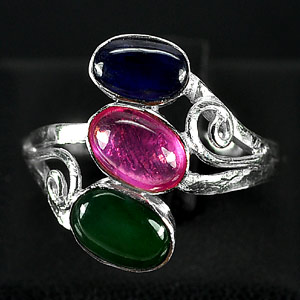 2.76 G. Natural Jade Ruby Sapphire Sterling Silver Ring Size 6.5