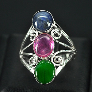 2.81 G. Captivating Natural Jade Ruby Sapphire Sterling Silver Ring Size 7.5