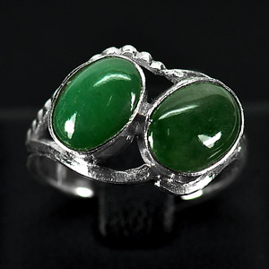 2.90 G. Oval Cabochon Natural Green Jade Sterling Silver Ring Size 6.5