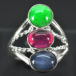 3.54 G. Natural Jade Ruby Star Sapphire Sterling Silver Ring Size 7