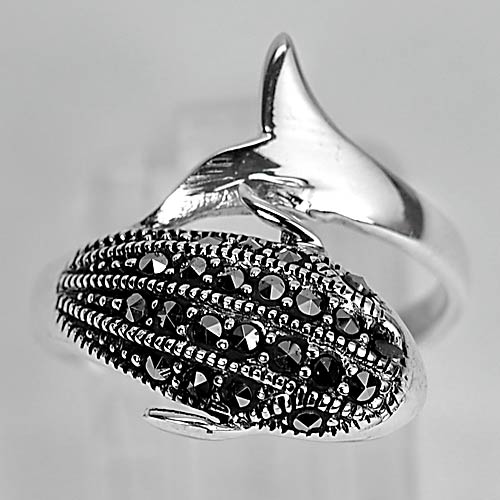3.66 G. Natural Black Marcasite Real 925 Sterling Silver Ring Dolphin Size 6