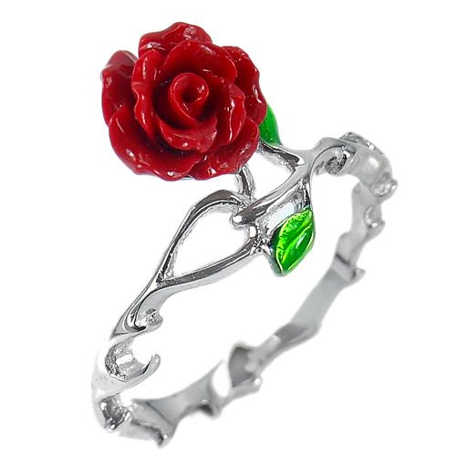 2.47 G. Lovely Rose Red Resin Desing Real 925 Sterling Silver Ring Size 7