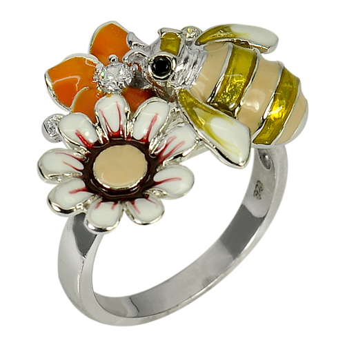 10.18 G. Bee with Flower Enamel Good Design Real 925 Sterling Silver Ring Size 6