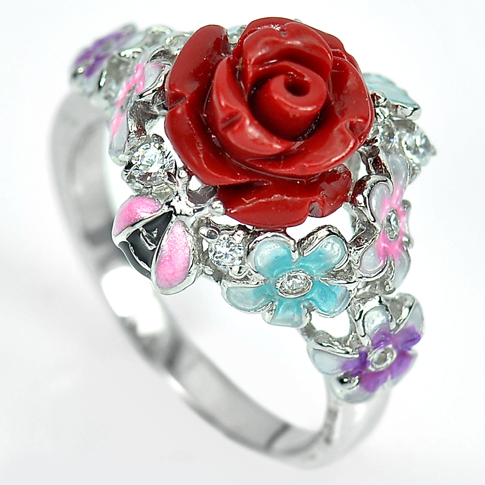 925 Sterling Silver Ring Size 7 Flower Rose Red Resin and Enamel 5.69 G.
