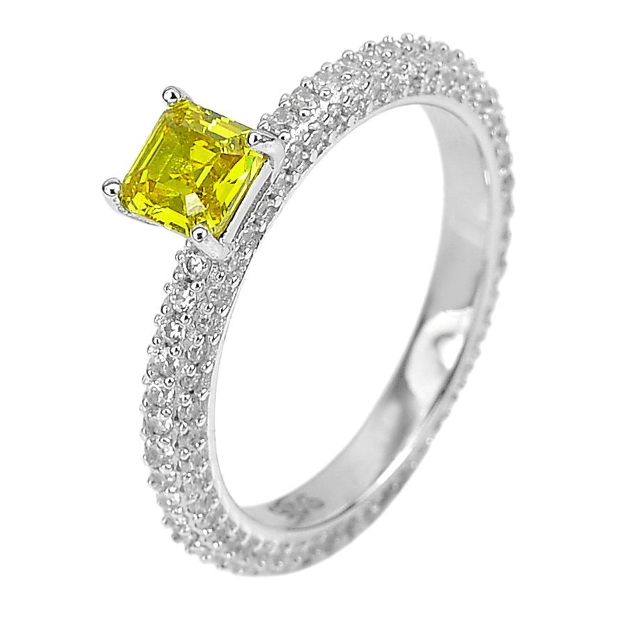 3.03 G. Good Square Yellow CZ Real 925 Sterling Silver Jewelry Ring Size 7.5