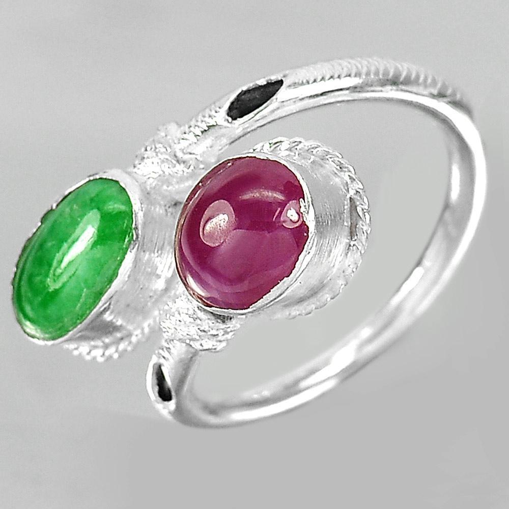 3.26 G. Oval Cabochon Natural Green Jade Red Ruby 925 Sterling Silver Ring Size7