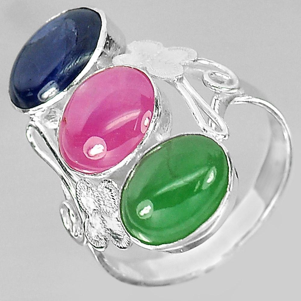 4.30 G. Natural Green Jade Red Ruby Blue Sapphire Sterling Silver Ring Size 7