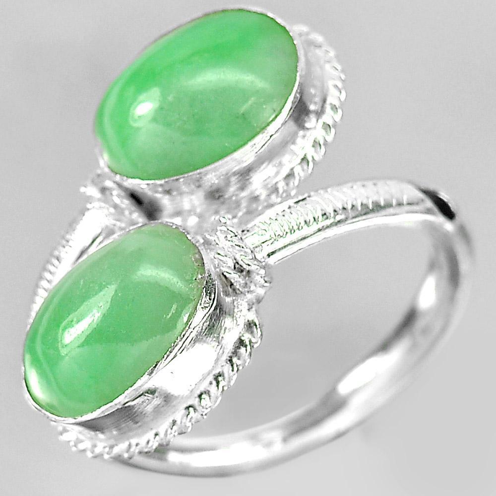 3.77 G. Natural Oval Cabochon Green Color Jade 925 Sterling Silver Ring Size 7.5