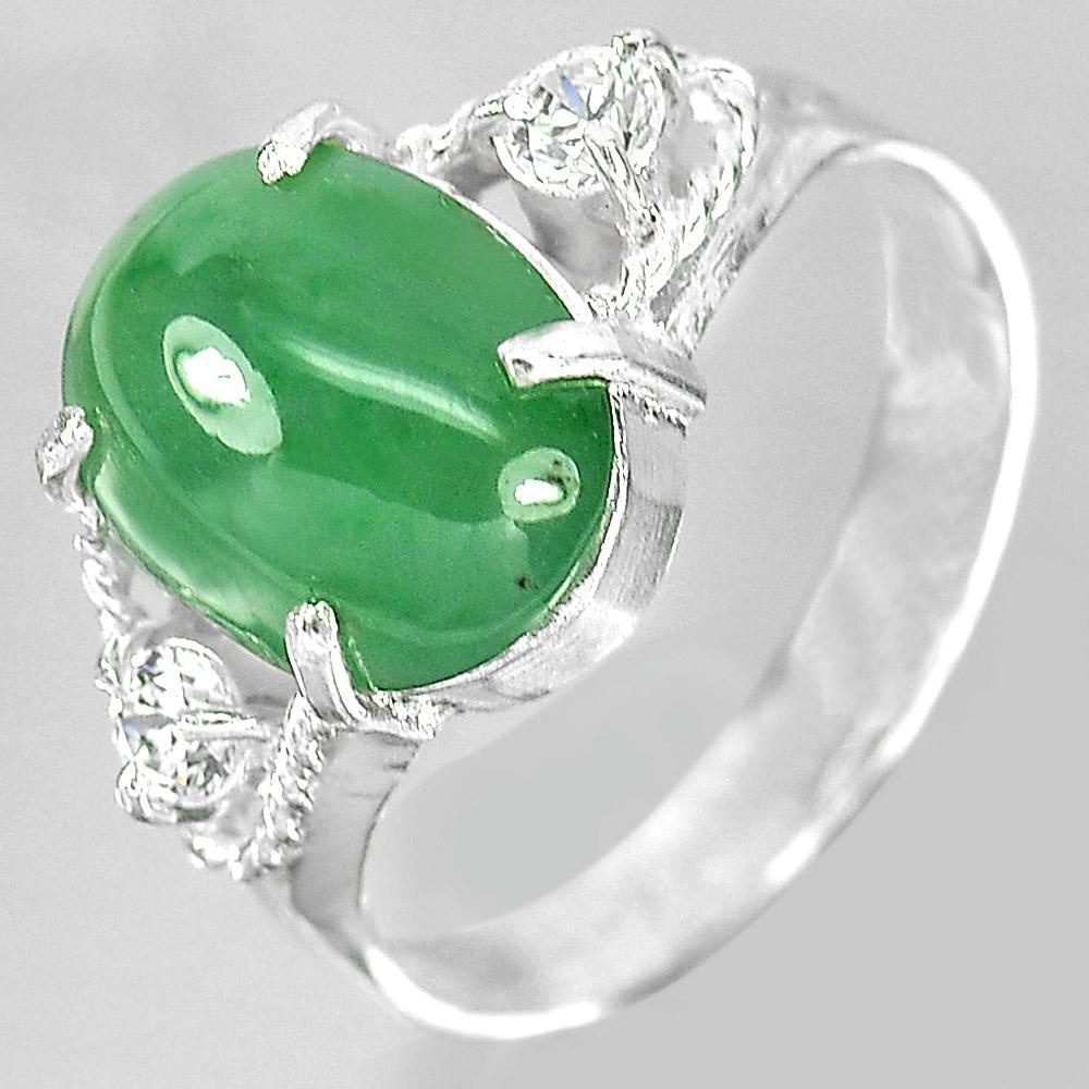 3.32 G. Natural Oval Cabochon Green Color Jade 925 Sterling Silver Ring Size 7