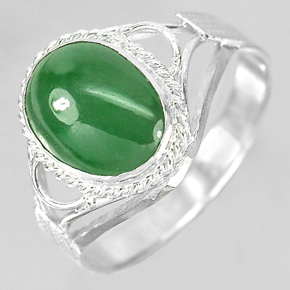 2.95 G. Oval Cabochon Natural Gem Green Jade 925 Sterling Silver Ring Size 8