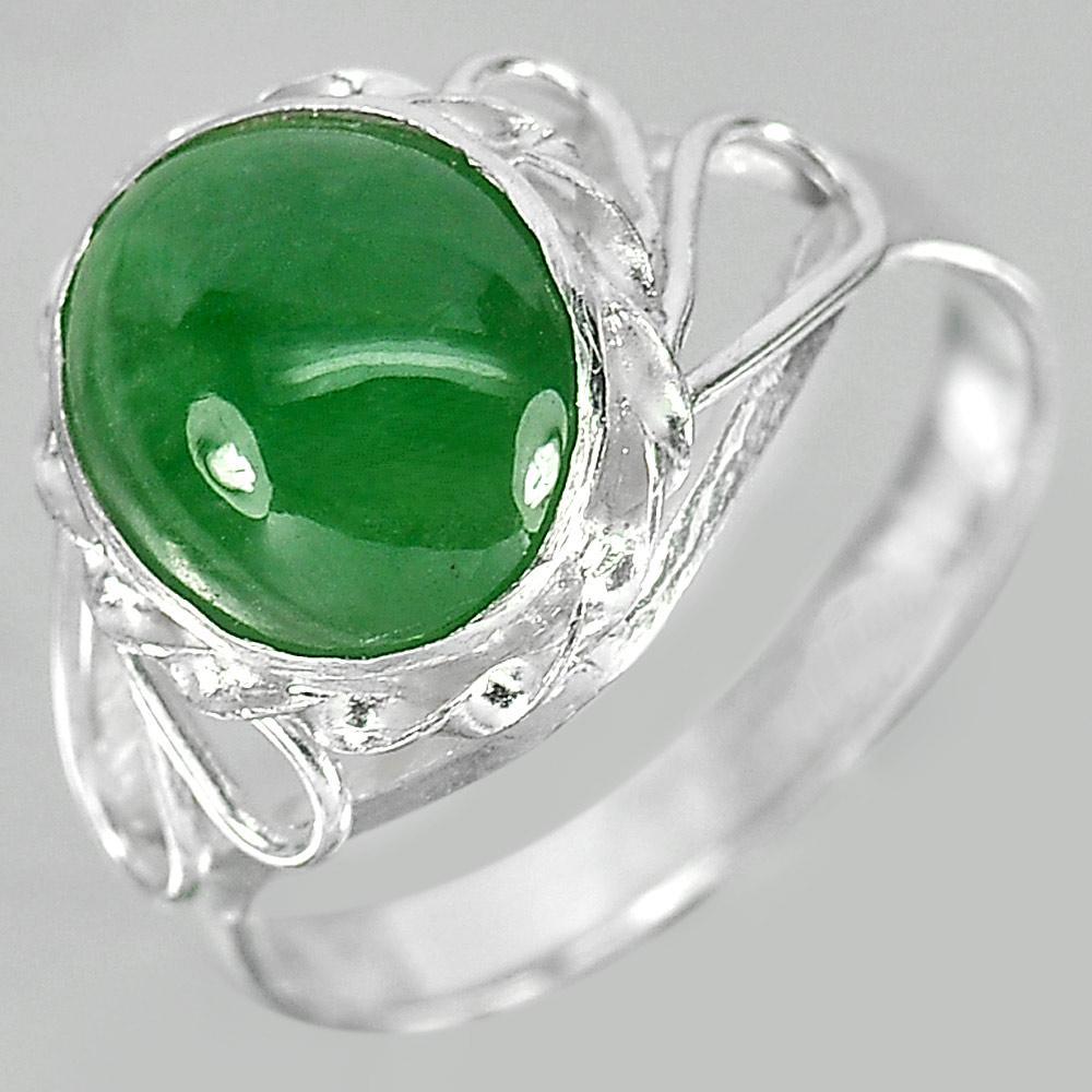 2.66 G. Natural Oval Cabochon Green Color Jade 925 Sterling Silver Ring Size 7