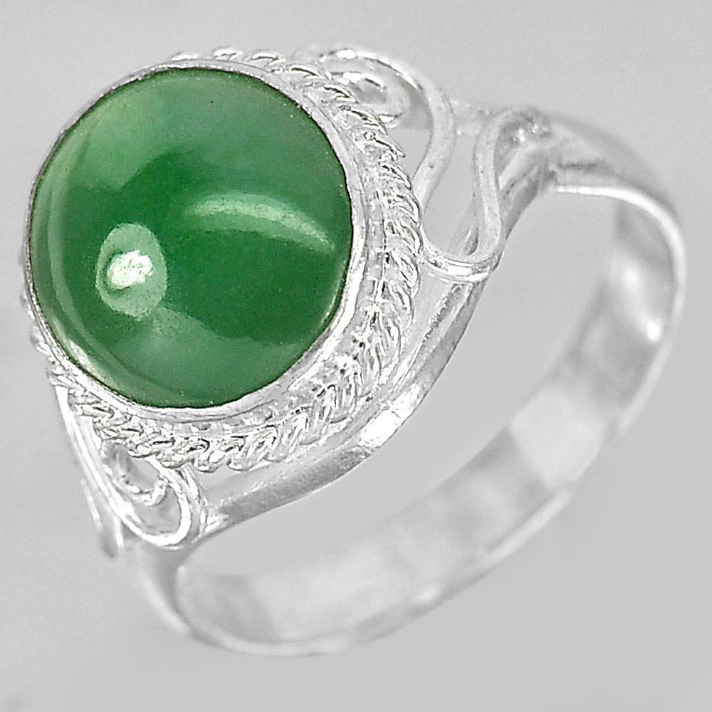 3.11 G. Oval Cabochon Natural Gem Green Jade 925 Sterling Silver Ring Size 5.5