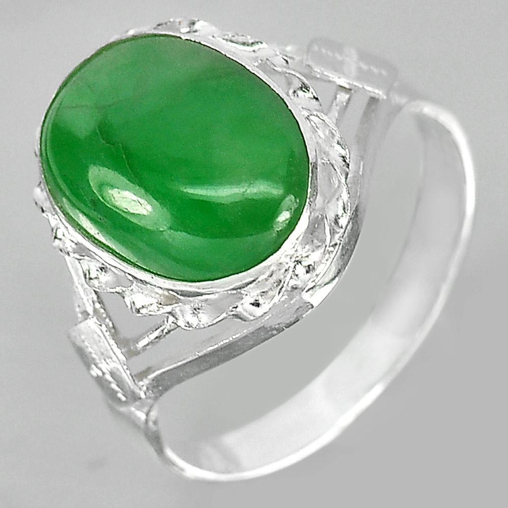3.00 G. Natural Oval Cabochon Green Color Jade 925 Sterling Silver Ring Size 7.5