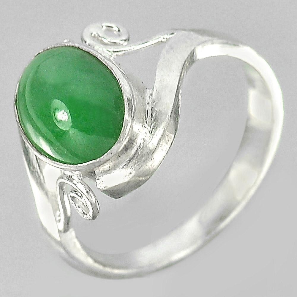 3.17 G. Oval Cabochon Natural Gem Green Jade 925 Sterling Silver Ring Size 7.5