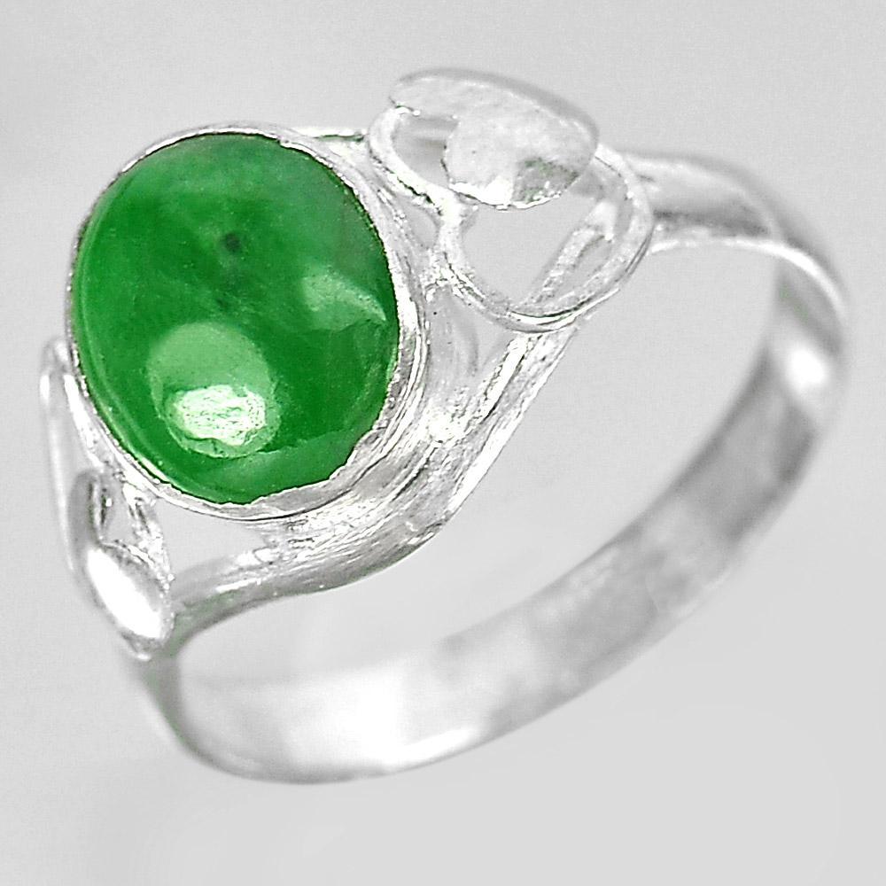 2.85 G. Oval Cabochon Natural Gem Green Jade 925 Sterling Silver Ring Size 8.5