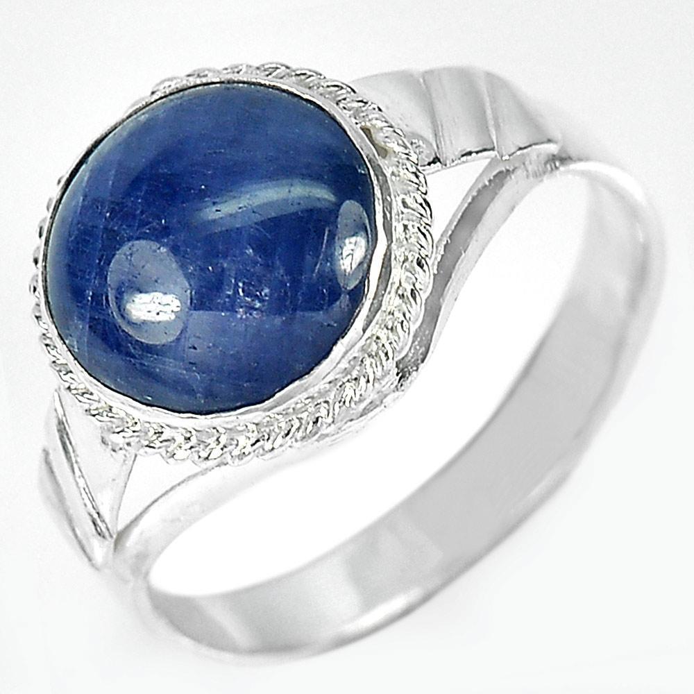3.26 G. Round Cabochon Natural Blue Sapphire 925 Sterling Silver Ring Size 7.5