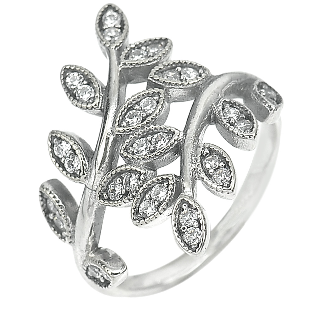 2.75 G. Nice White CZ Real 925 Sterling Oxidized Silver Olive Leaf Ring Size 6