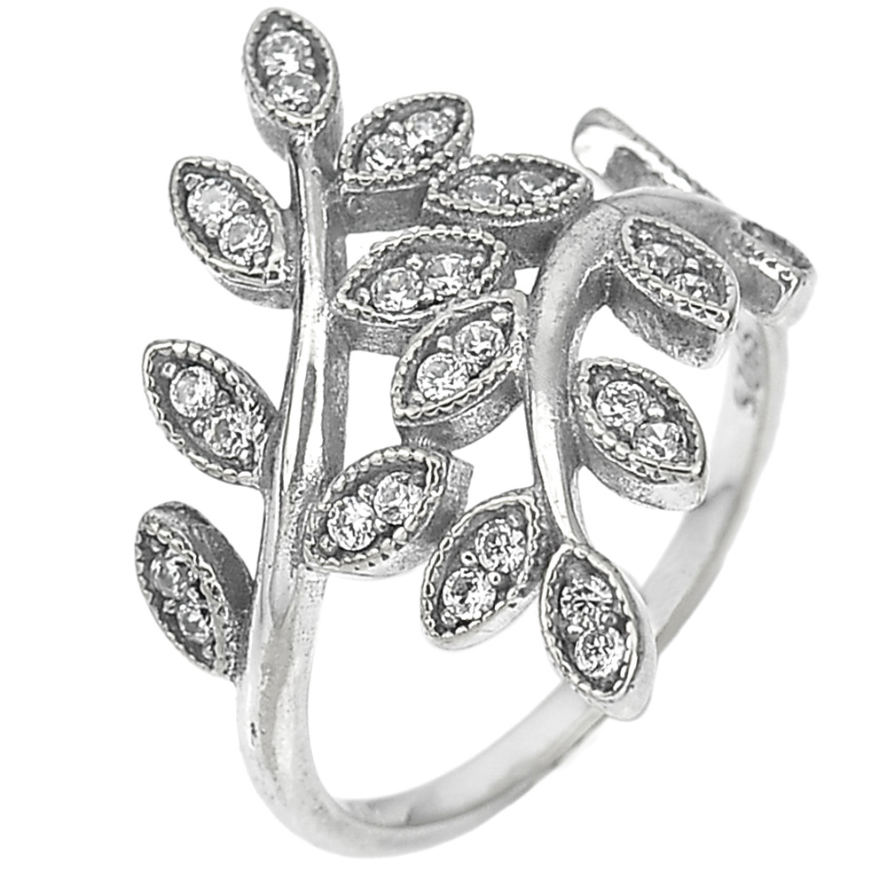 2.72 G. Round White CZ Real 925 Sterling Oxidized Silver Olive Leaf Ring Size 6