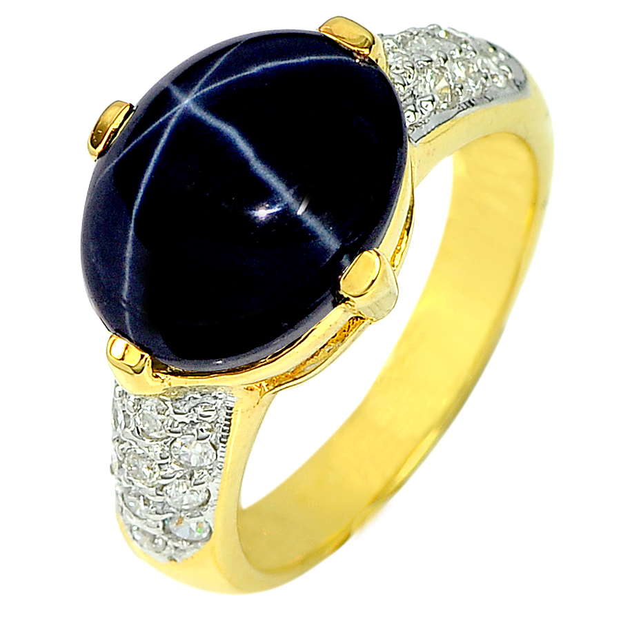 6.34 Ct. Natural Blue Star Sapphire 6 Rays with Diamond 18K Solid Gold Ring 6.5