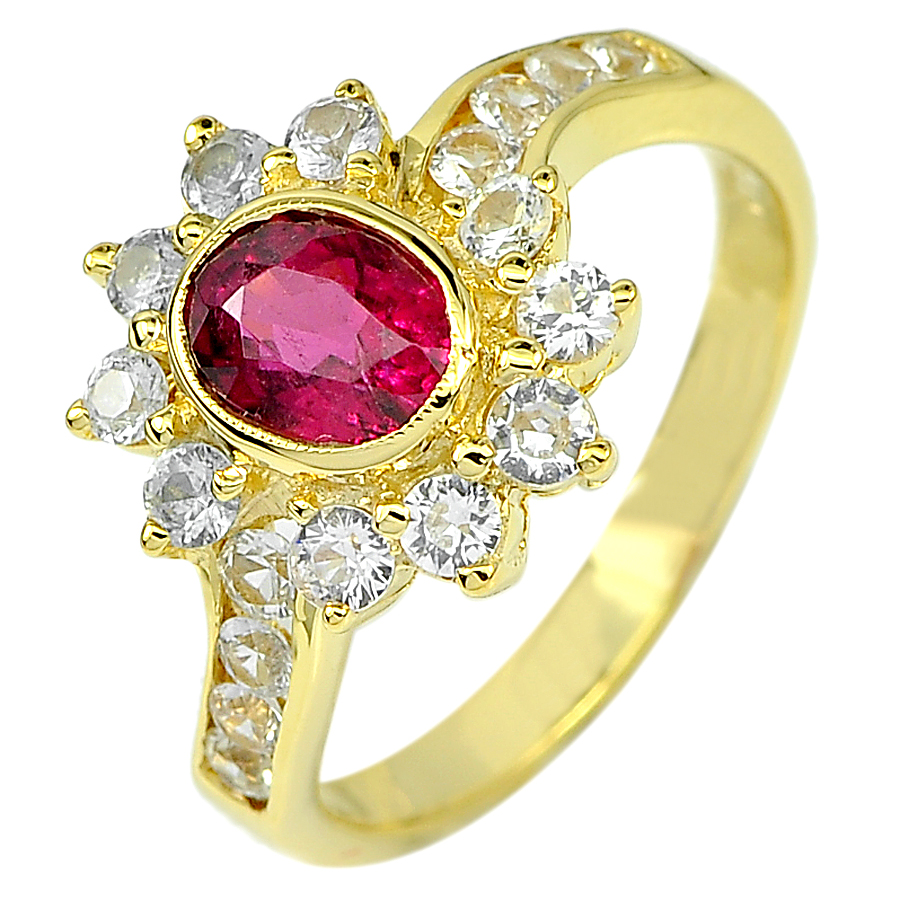 Natural Pink Red Tourmaline Sapphire 14K Solid Gold Ring Size 6.5