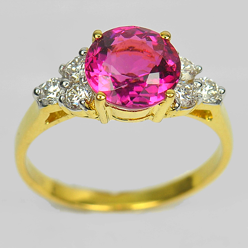 3.07 G. Natural Purplish Pink Tourmaline & Diamond 18K Solid Gold Ring