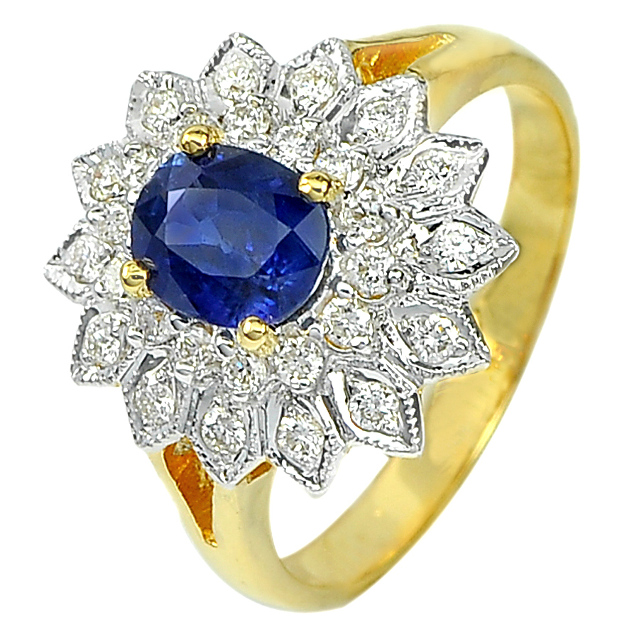 1.17 Ct. Natural Blue Sapphire with White Diamond 18K Solid Gold Ring Size 6.5