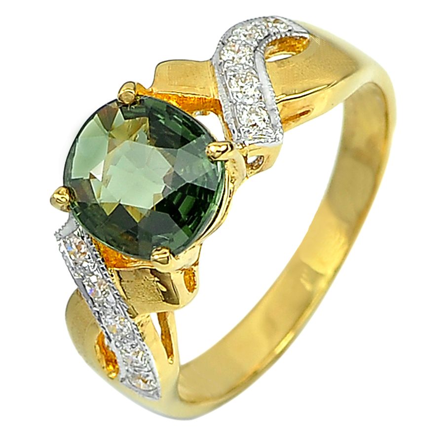 1.50 Ct. Natural Green Sapphire with White Diamond 18K Solid Gold Ring Size 6