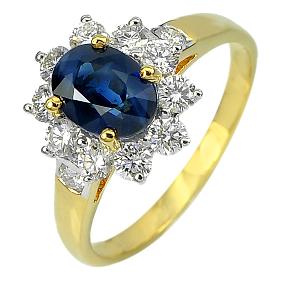 1.54 Ct. Natural Blue Sapphire with White Diamond 18K Solid Gold Ring Size 5.5