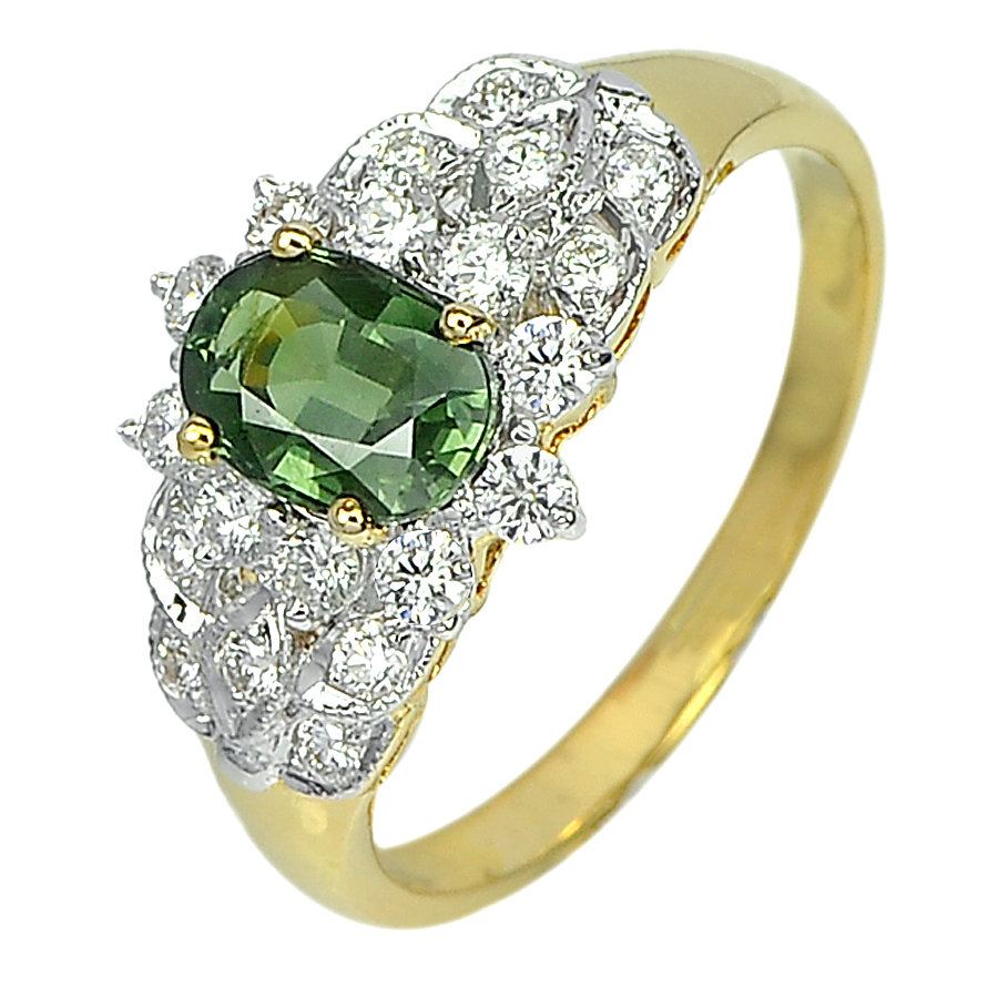 1.10 Ct. Natural Green Sapphire with White Diamond 18K Solid Gold Ring Size 6.5