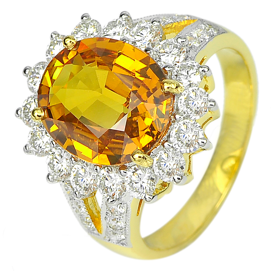 4.86 Ct. Natural Yellow Sapphire with White Diamond 18K Solid Gold Ring Size 7