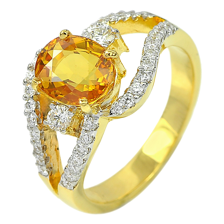 2.18 Ct. Natural Yellow Sapphire with White Diamond 18K Solid Gold Ring Size 6.5