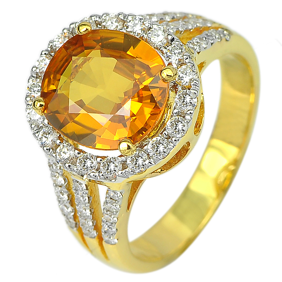 3.34 Ct. Natural Yellow Sapphire with White Diamond 18K Solid Gold Ring Size 7
