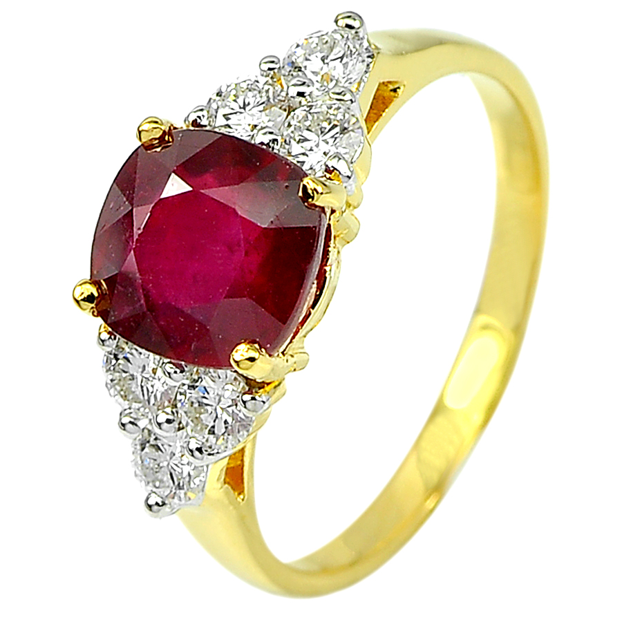 2.49 Ct. Cushion Natural Red Ruby and White Diamond 18K Solid Gold Ring Size 6