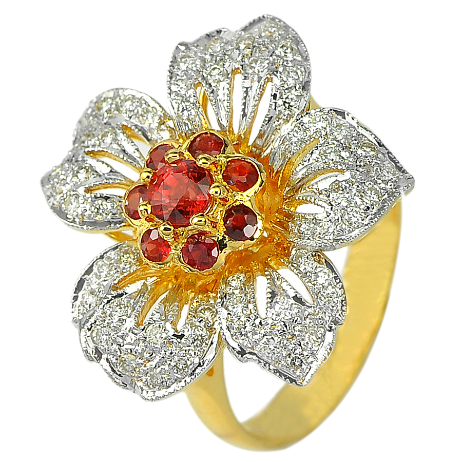 0.55 Ct. Natural Red Songea Sapphire and Diamond 18K Solid Gold Ring Size 6.5
