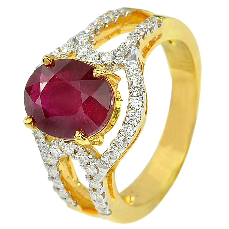 3.49 Ct. Oval Natural Red Ruby and White Diamond 18K Solid Gold Ring Size 6.5