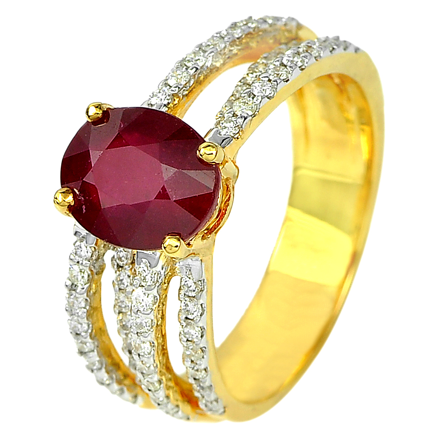 2.86 Ct. Oval Natural Red Ruby and White Diamond 18K Solid Gold Ring Size 6