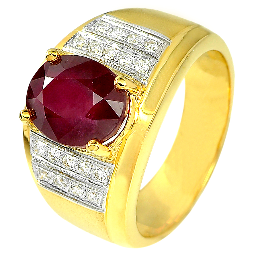 4.41 Ct. Oval Natural Red Ruby and White Diamond 18K Solid Gold Ring Size 7