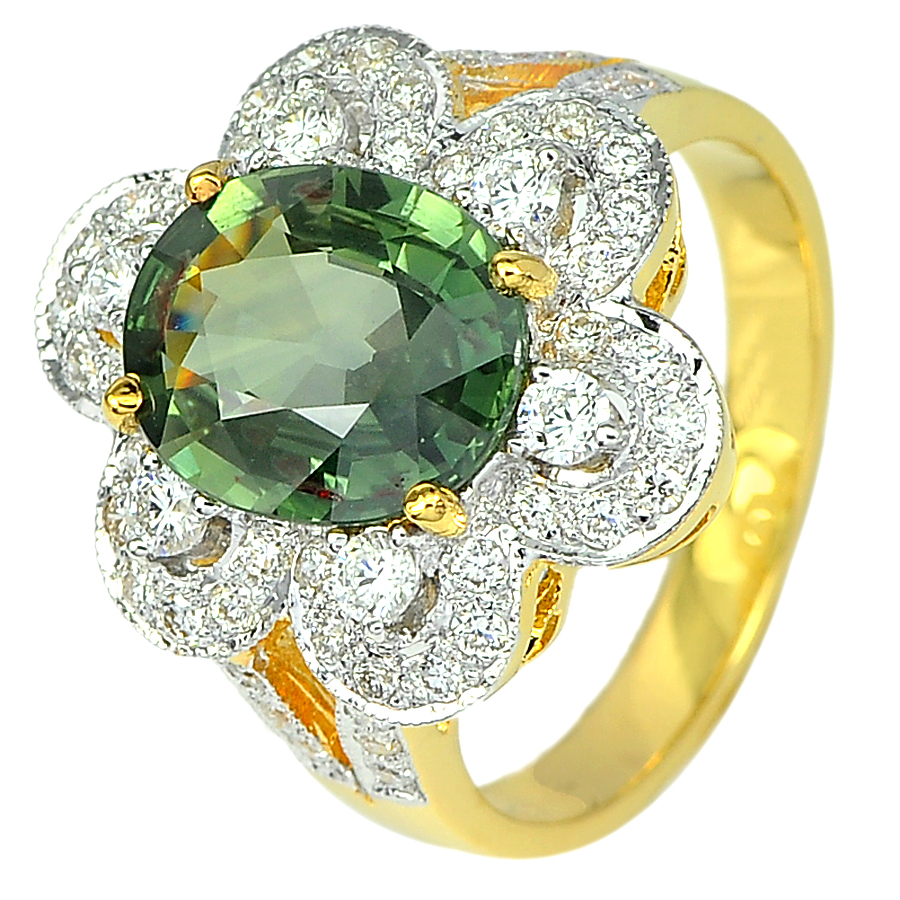 3.40 Ct.Oval Natural Green Sapphire and White Diamond 18K Solid Gold Ring Size 7