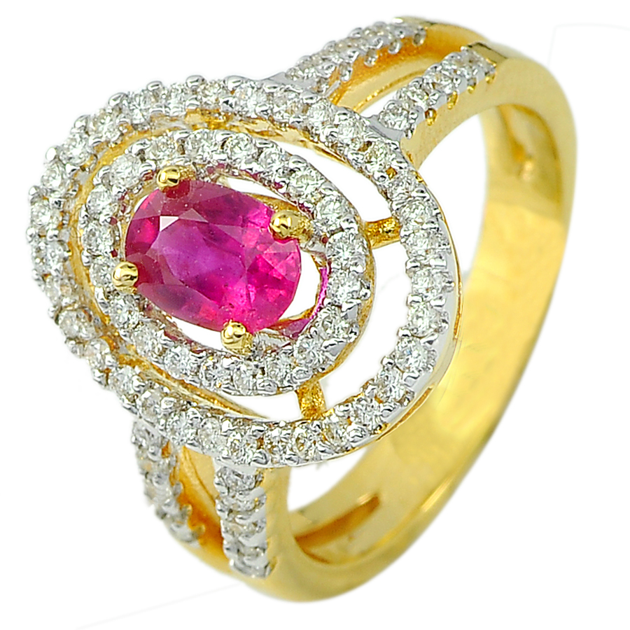 0.94 Ct. Oval Natural Red Ruby and White Diamond 18K Solid Gold Ring Size 6