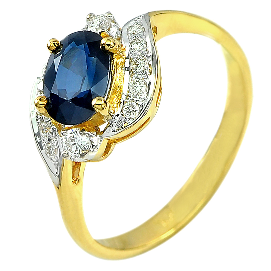 1.23 Ct. Natural Blue Sapphire with White Diamond 18K Solid Gold Ring Size 6.5