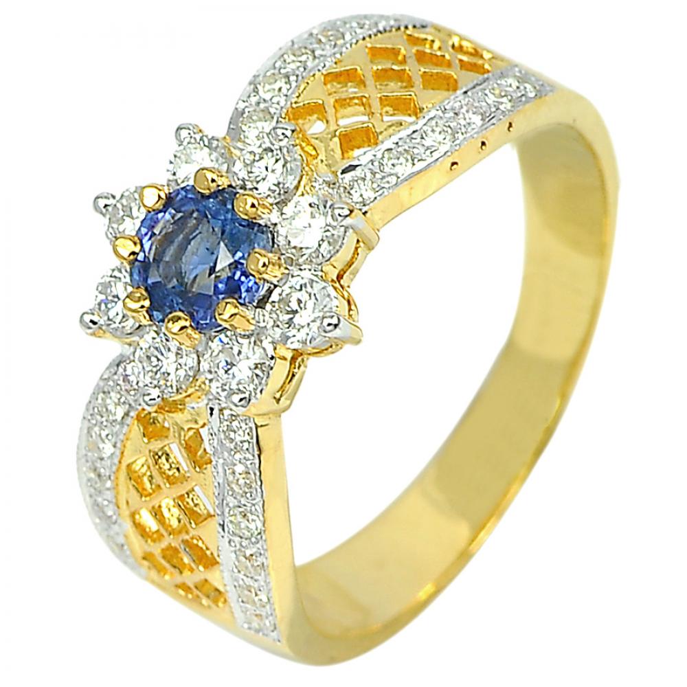 0.52 Ct. Natural Blue Sapphire with White Diamond 18K Solid Gold Ring Size 6.5