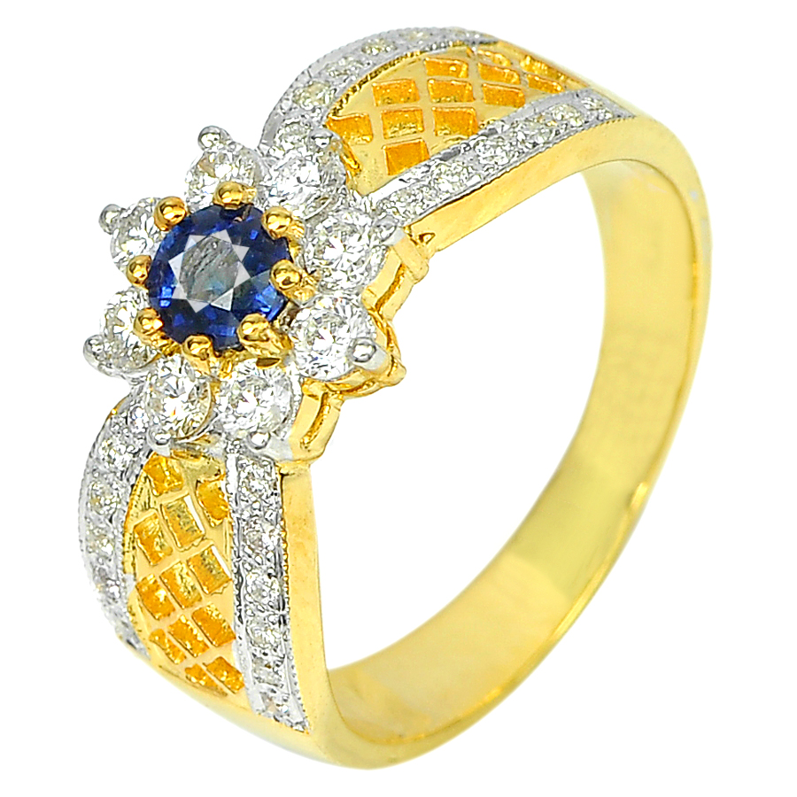 0.35 Ct. Natural Blue Sapphire with White Diamond 18K Solid Gold Ring Size 6.5