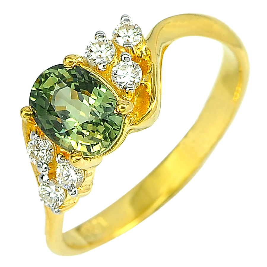 1.33 Ct. Natural Green Songea Sapphire with Diamond 18K Solid Gold Ring Size 6.5