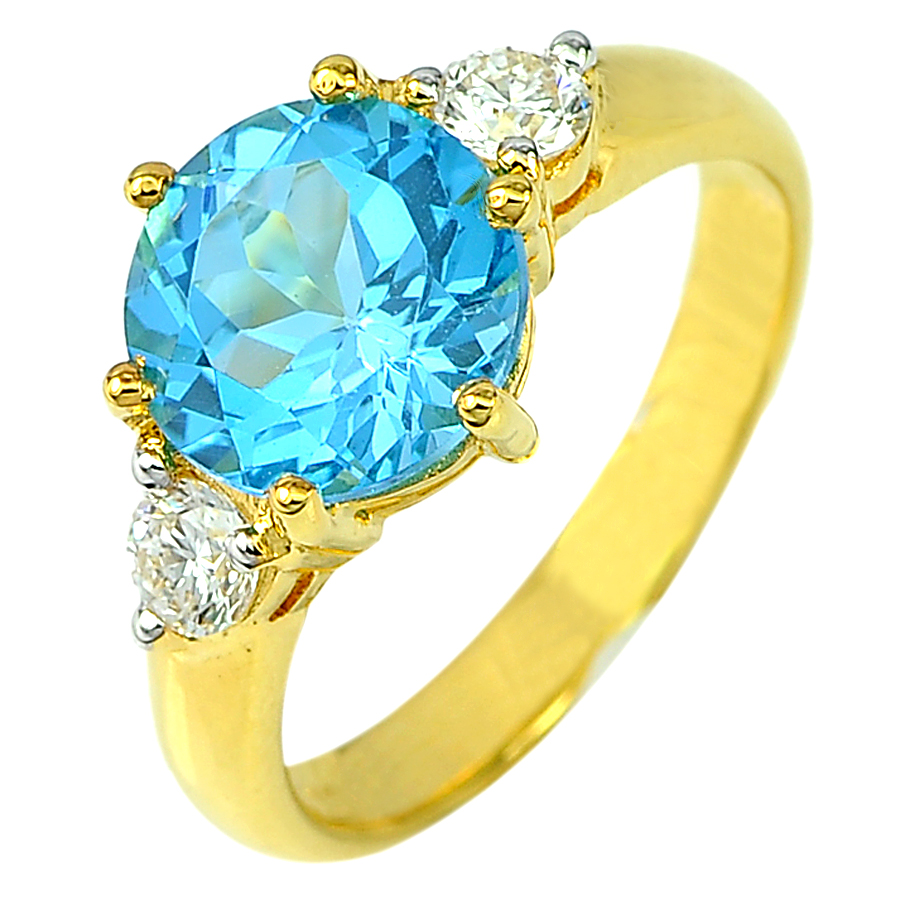 3.36 Ct. Round Natural Swiss Blue Topaz with Diamond 18K Solid Gold Ring Size 7