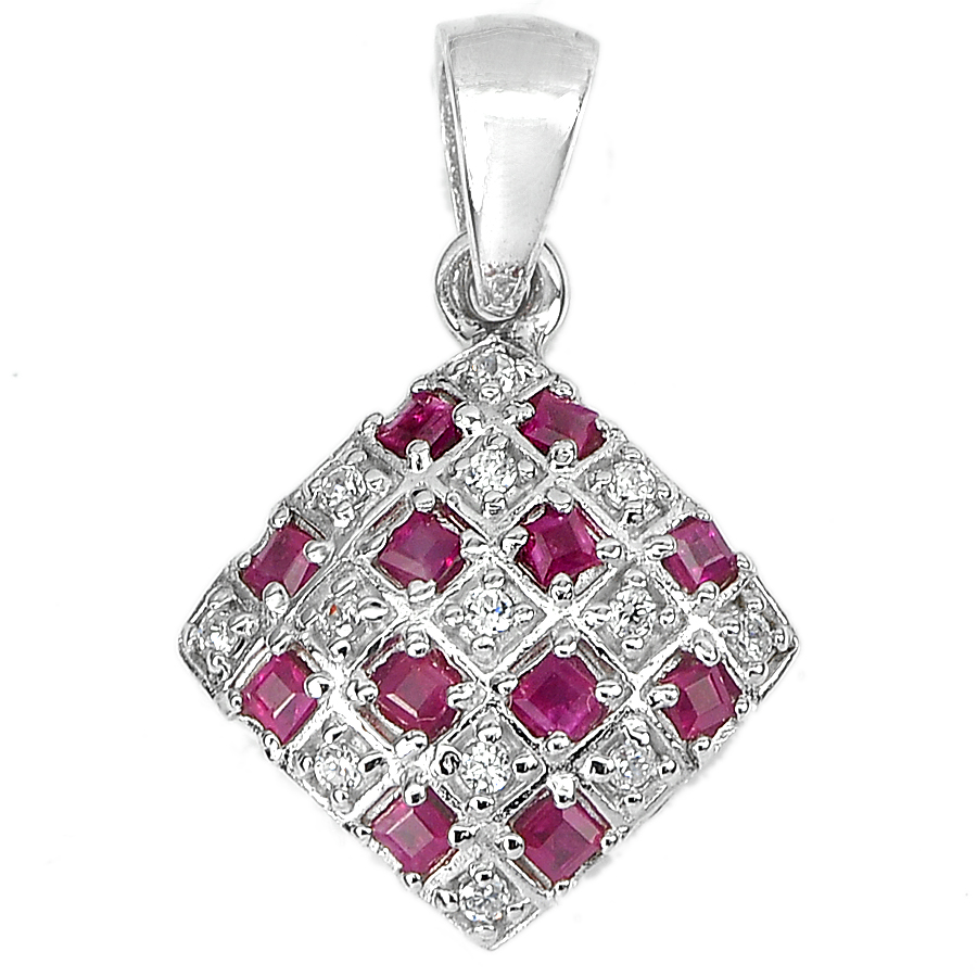 Natural Square Purplish Red Ruby Sterling Silver 925 Pendant