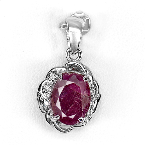 3.92 G. Natural Purplish Red Ruby Real 925 Sterling Silver Pendant Jewelry