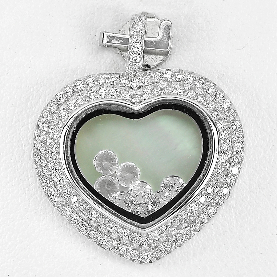 5.56 G. Real 925 Silver Jewelry Heart Pendant Mother Of Pearl with Cz Beautiful