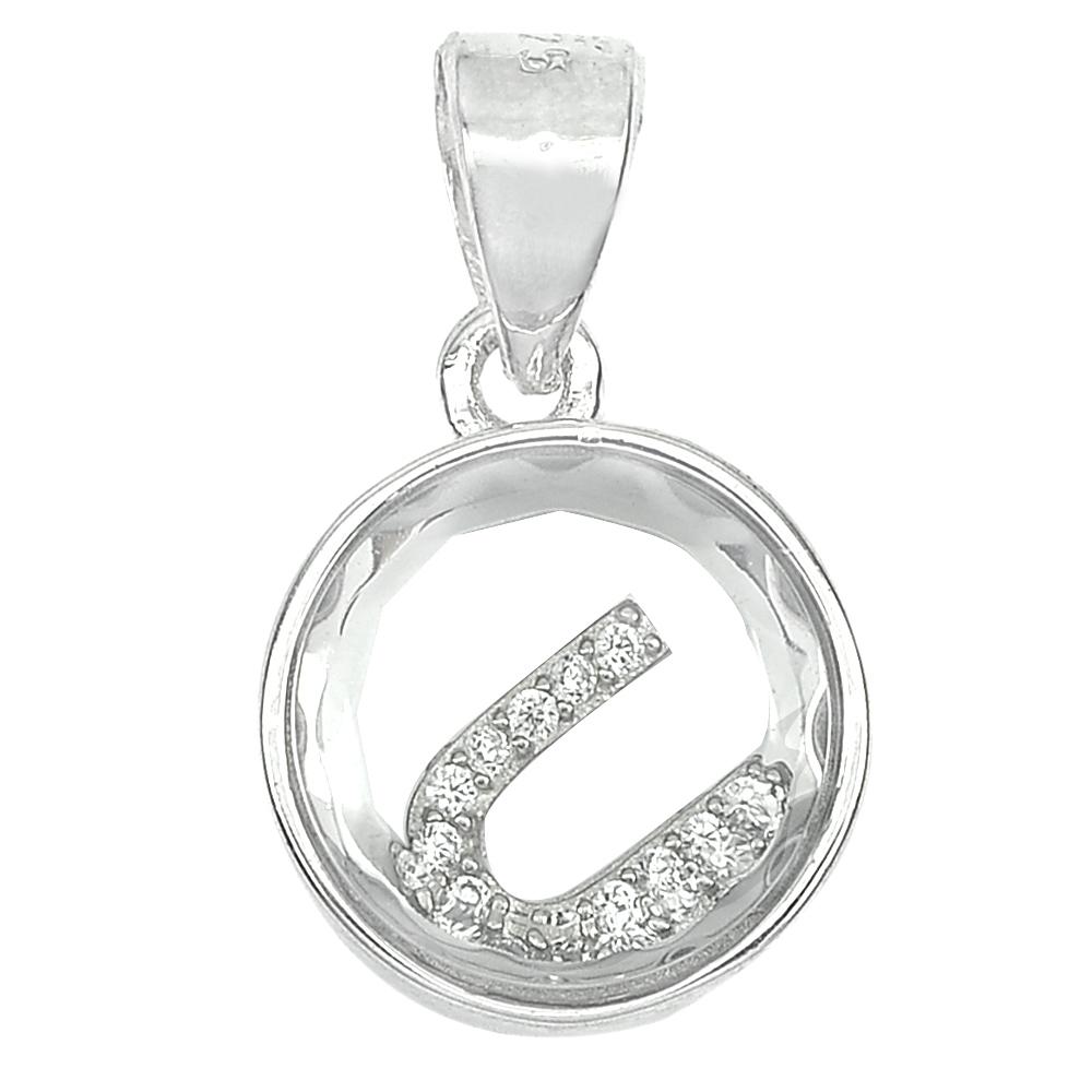 2.33 G. Letter U with White CZ Real 925 Sterling Silver Fine Jewelry Pendant