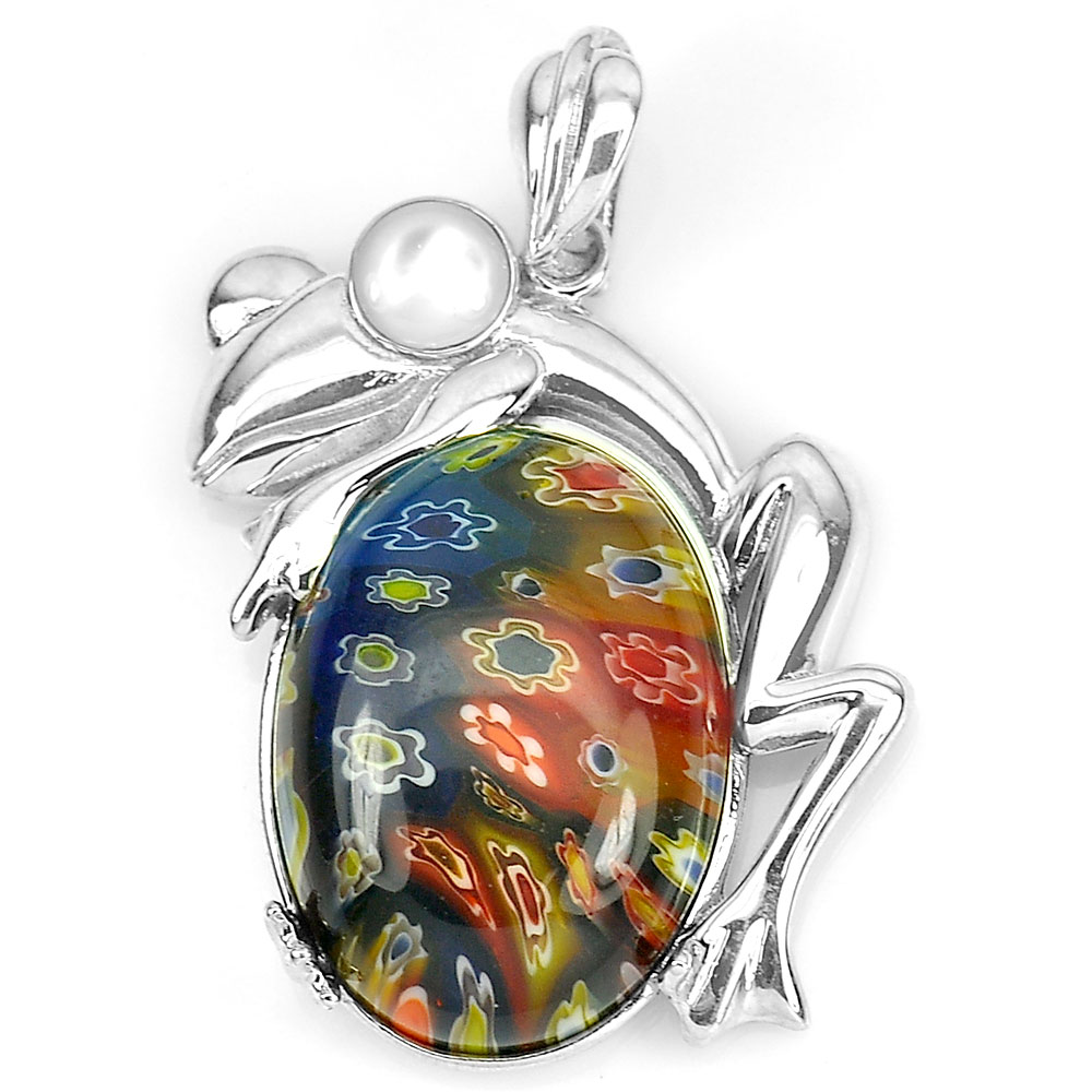 10.39 G. Murano Lampwork Art Glass Beaded Frog Pendant Real 925 Sterling Silver