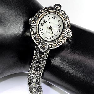 26.08 G. Beautiful Black Marcasite 925 Silver Jewelry Watch 8 Inch.